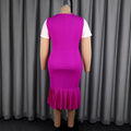 Trendy new slimming high-waisted short-sleeve dress - rose red color block, cinched waist belt, fishtail skirt dresses