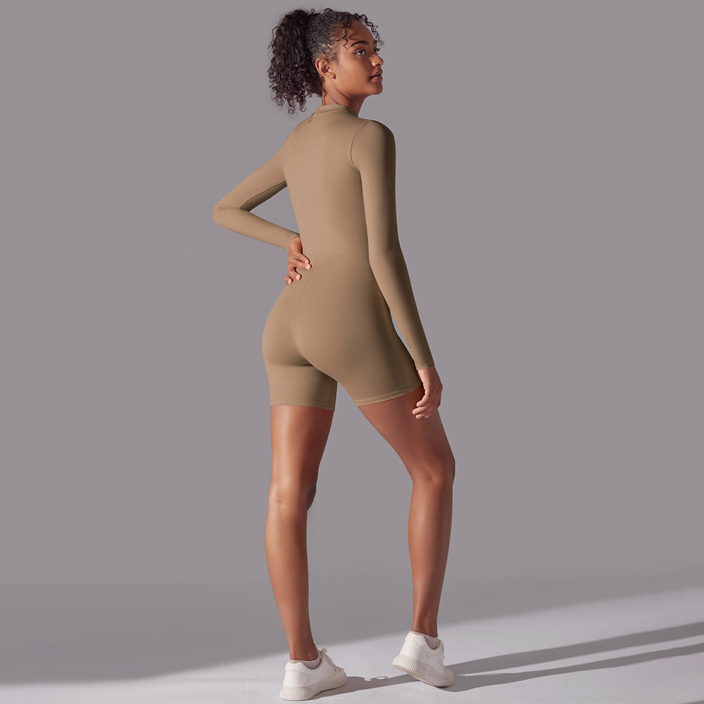Half-open collar zipper long sleeves jumpsuit fitness sports sexy tight jumpsuit brushed nude comfortable yoga clothes
