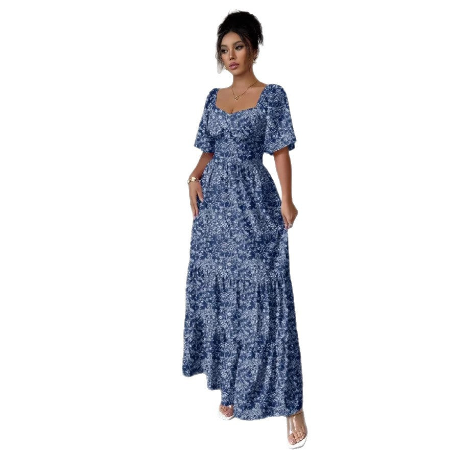 new cross-border bubble sleeve v-neck square neck summer dress
