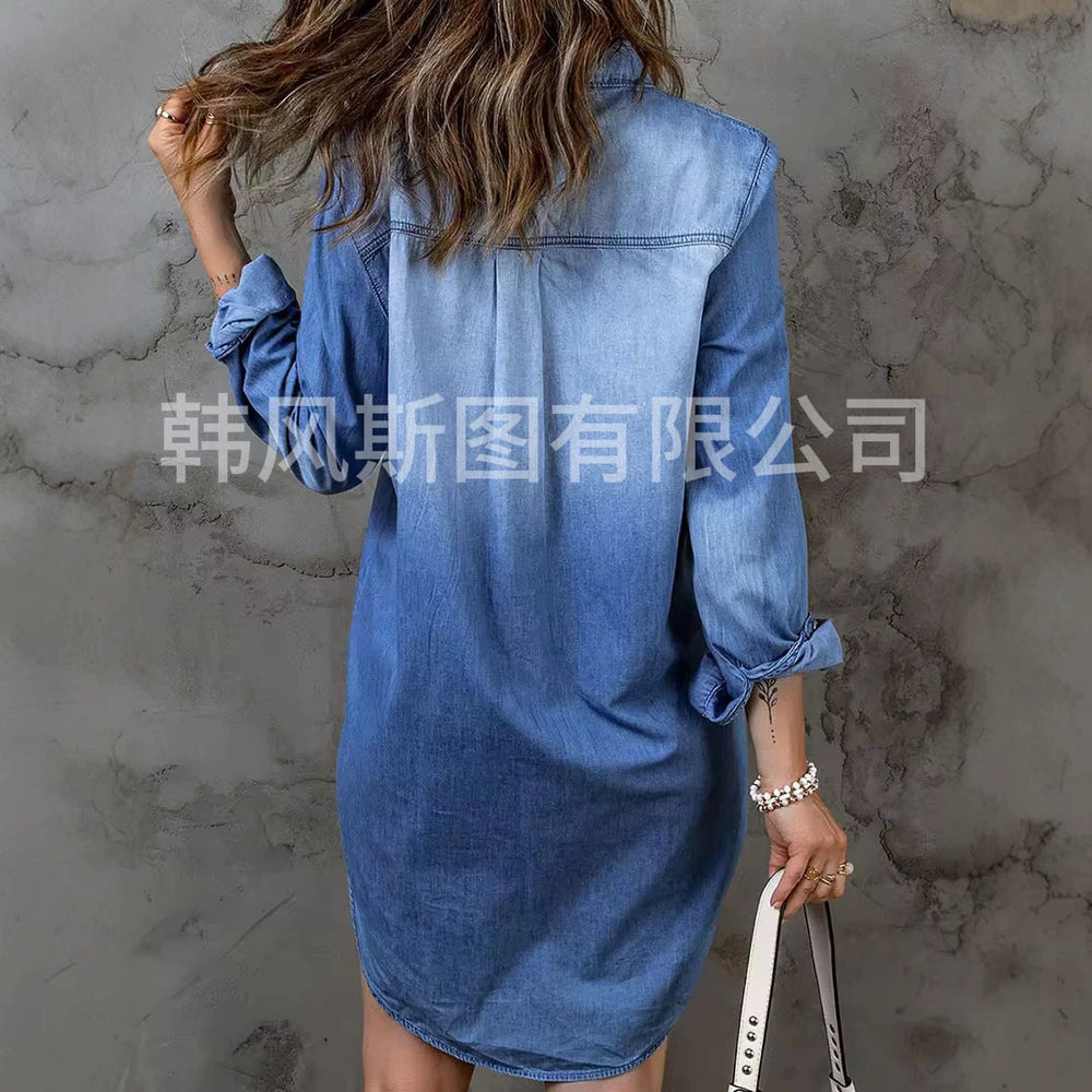 Amazon  fashion cross-border dress women's spring & fall  new single-breasted long-sleeved denim shirt
