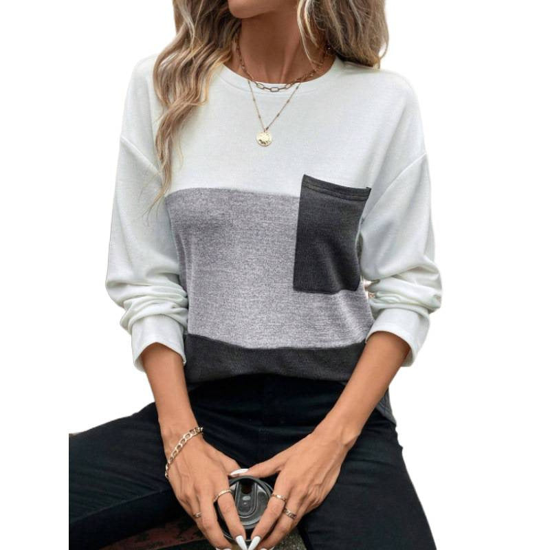 Shipped: women's color block long sleeve top - crew neck patchwork chest pocket autumn casual pullover