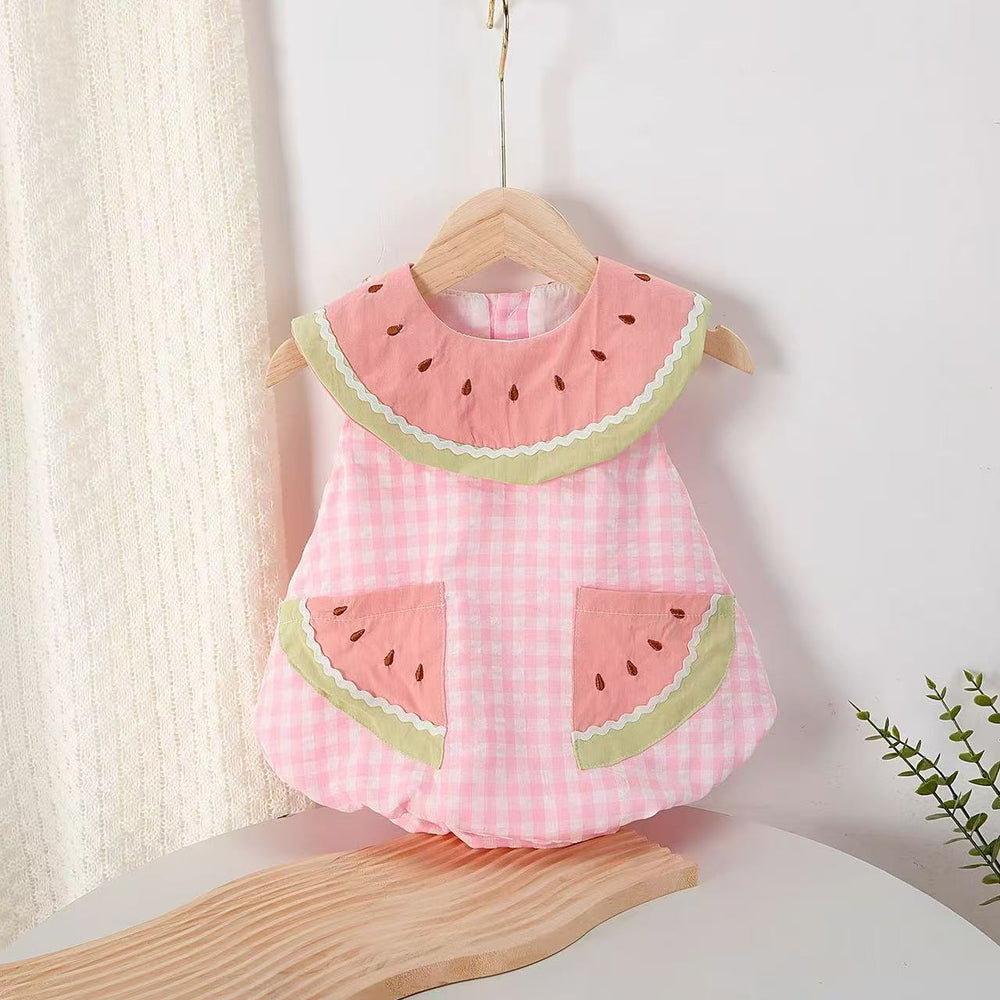 Cute and sweet summer outfit : stylish new cartoon baby girl's super adorable watermelon sleeveless summer romper for infants and toddlers