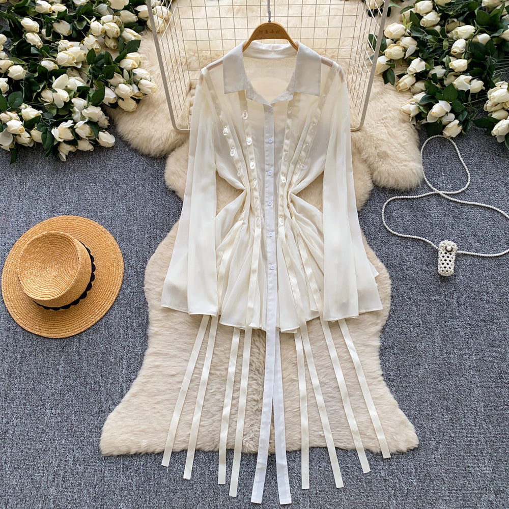 Korean style sweet pink a-line dress with ribbon detail - women's summer flirty sequin tie-waist slimming elegant dress