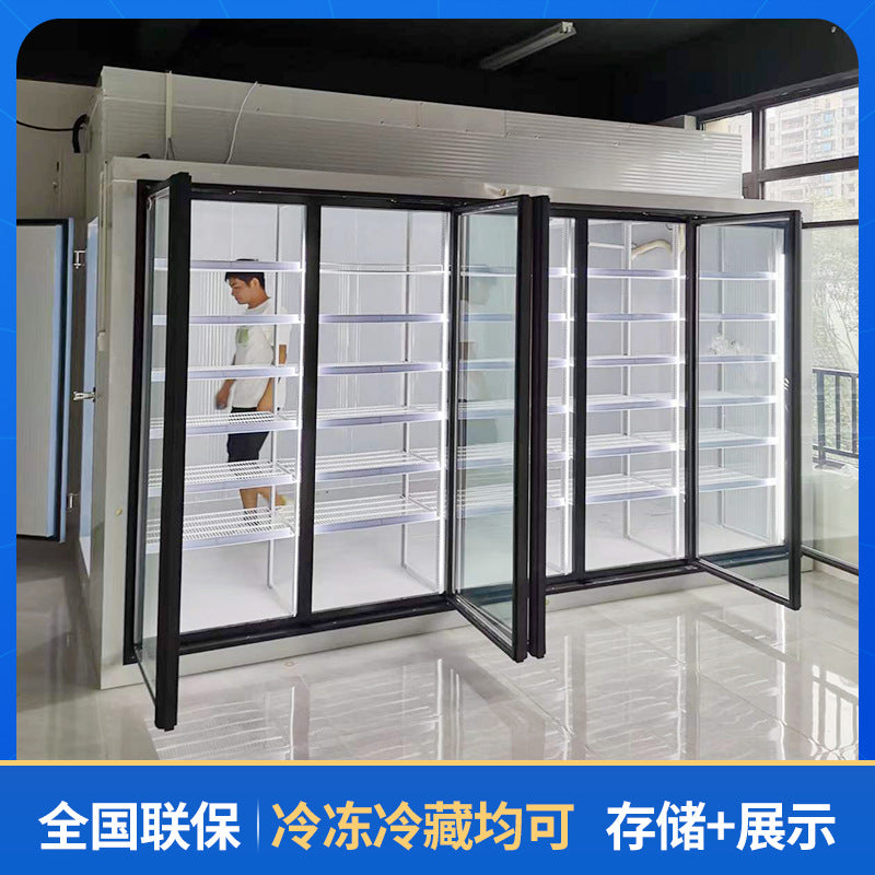 Post-supply cold storage, multi-display surface cold storage, special-shaped supporting shelves, slide, electrically heated tempered glass door, air curtain cabinet