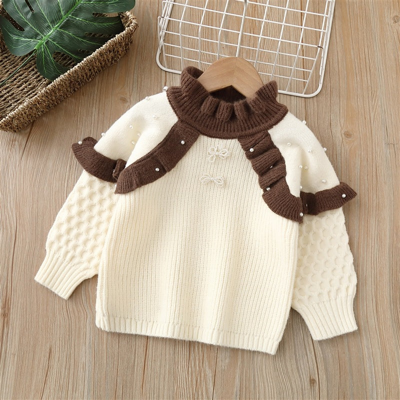 Girlsweater round neck knitting bottom shirt new arrival lace fleece-linedthickened children's clothing fleece-linedheattechtops