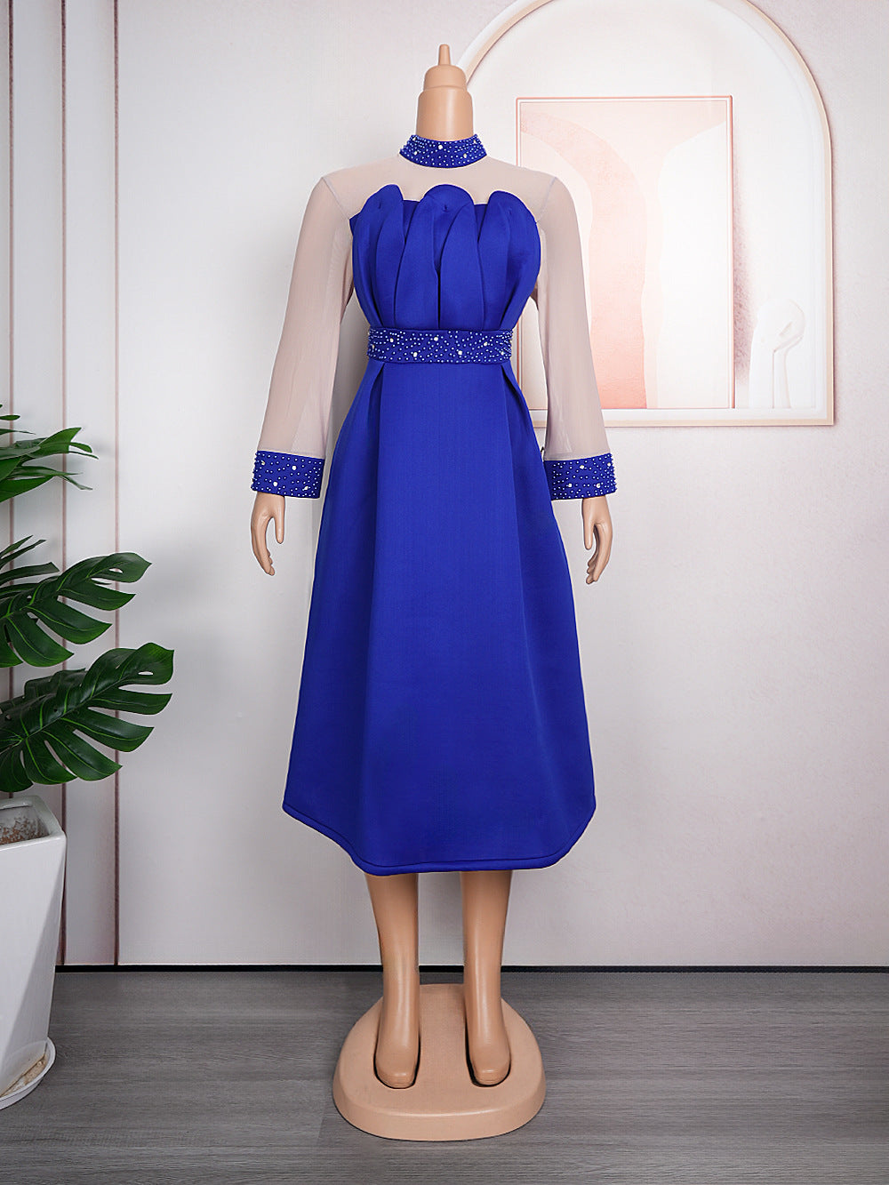 Plus size european and american women's space cotton high-waisted pleated evening gown dress african  beaded dress