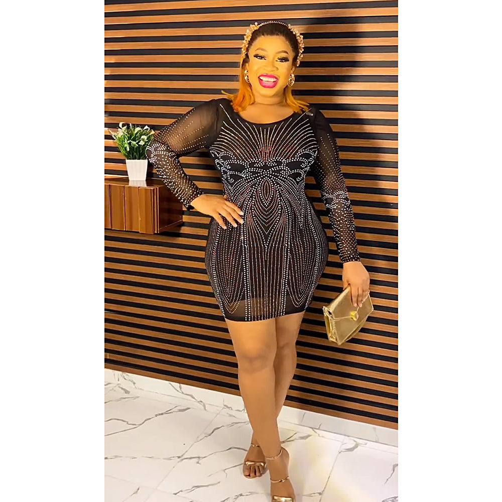 Aliexpress fashion rhinestone sparkly halloween party evening dress african women's plus size two-piece dress set