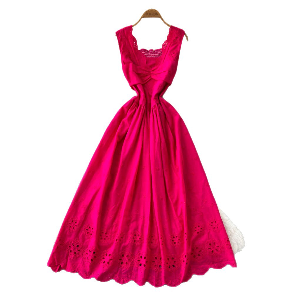 French red cut out sleeveless silmdress women's summer pure desire style high waist slimming lookelegant vacation style a-line skirt