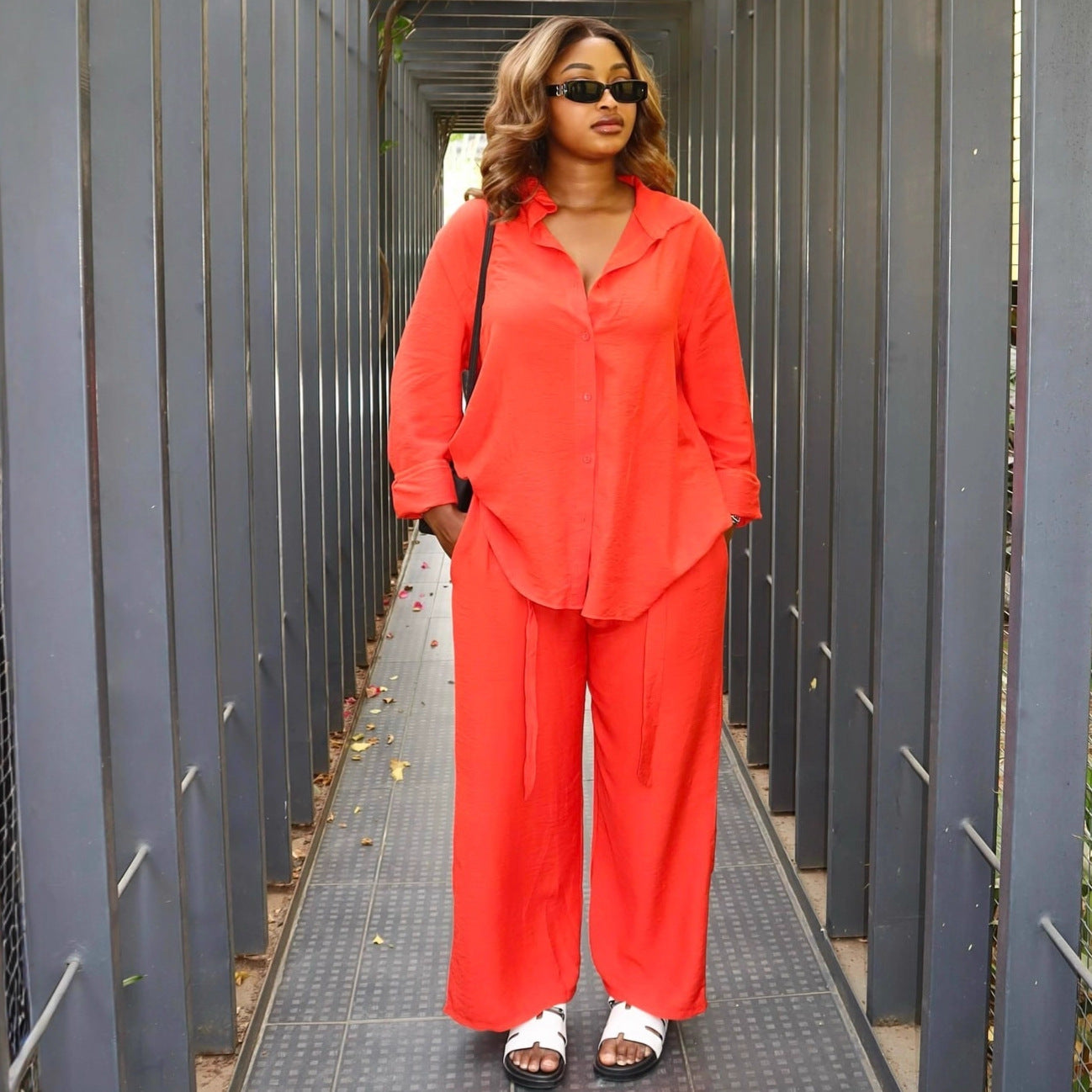 European and American large-size women's clothing solid color long-sleeved cardigan lapel shirt high waist trousers women's African fashion foreign style two-piece set