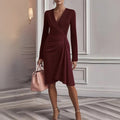 new european and american cross-border women's fashion: sexy slim-fit solid color long sleeve v-neck pleated design dress