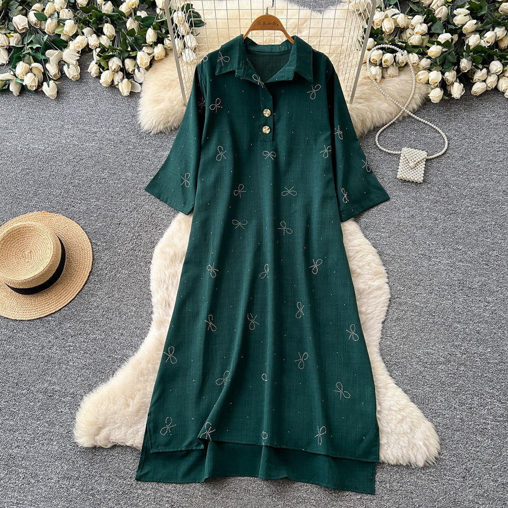 Light mature french style red printingdress women's summer diamond bows short-sleeved lapel slimming lookelegantwork clothing skirt