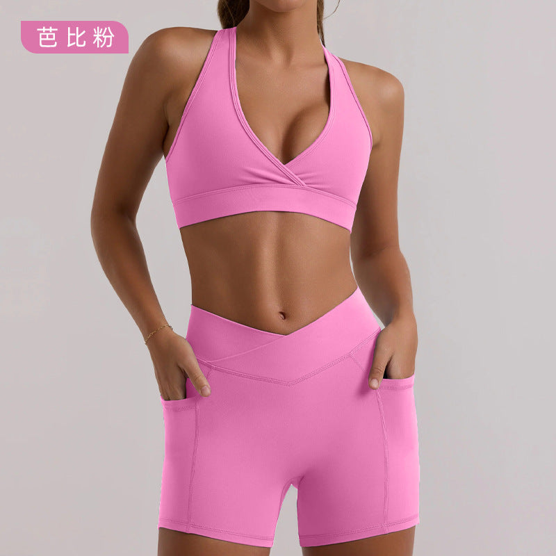 High-waisted, back-smoothing, butt-lifting pilates, fitness, running, halter neck sports bra top and shorts yoga set for women
