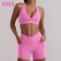 High-waisted, back-smoothing, butt-lifting pilates, fitness, running, halter neck sports bra top and shorts yoga set for women