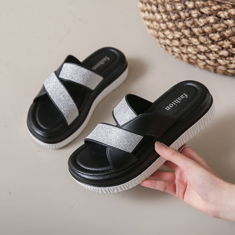 Trendy rhinestone sandals women's summer new thick sole height increasing flip flops beach high-end slippers