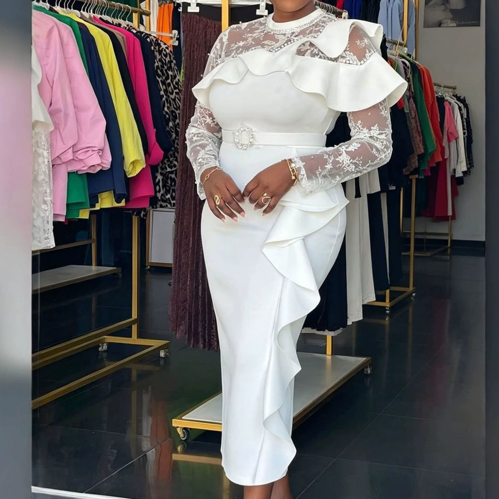 Fashionelegancelacepatchworkdress high waistslimming lookrufflesilm hip skirt lacedresses
