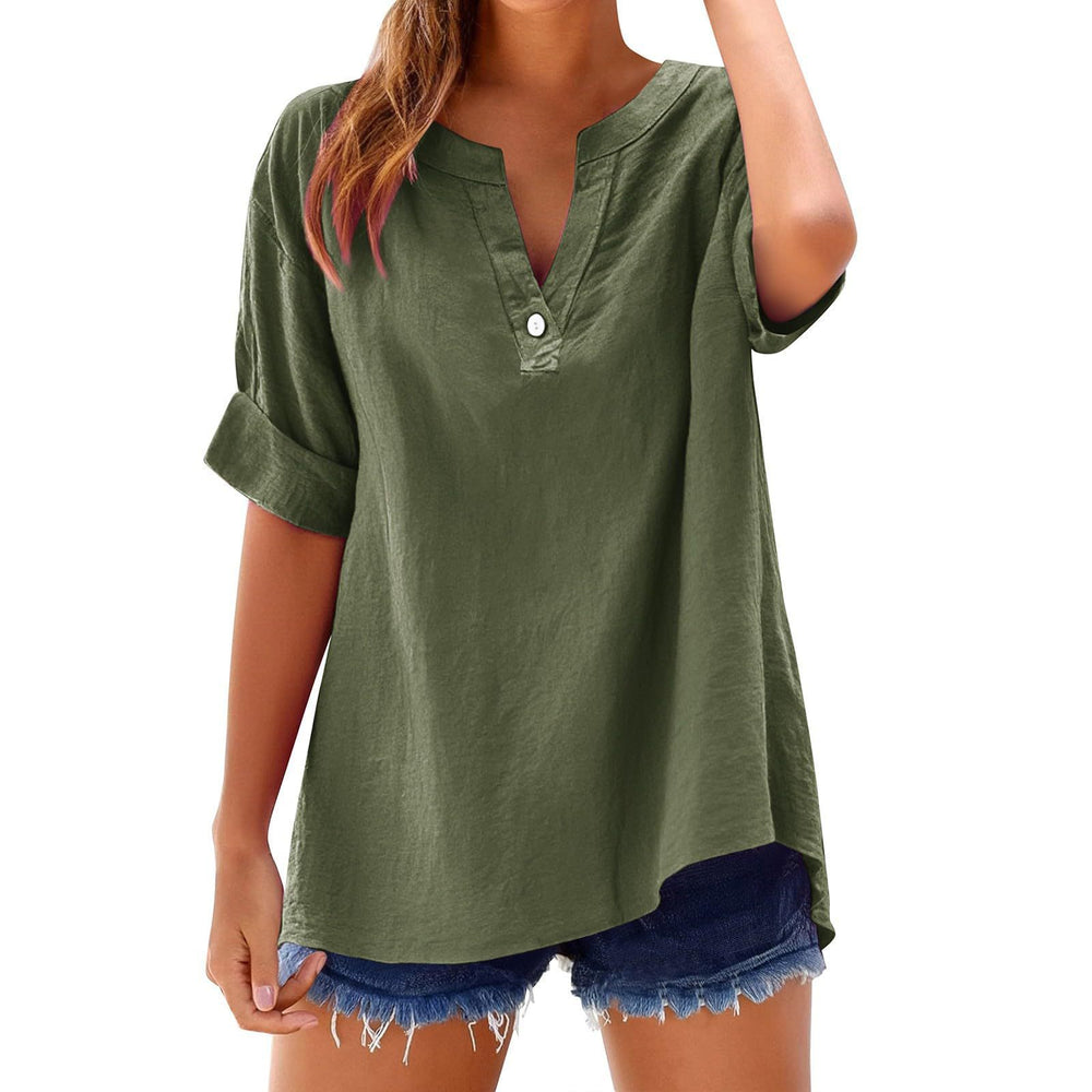 cross-border spring/summer new arrival: cotton linen button-down shirt - casual, loose fit, elegant, plus size v-neck top