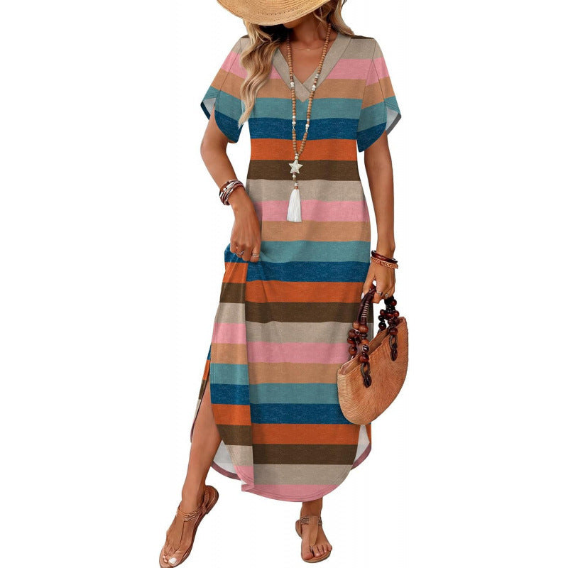 Amazon short-sleeve dress v-neck tank dress  summer new arrival side slit casual beach dress