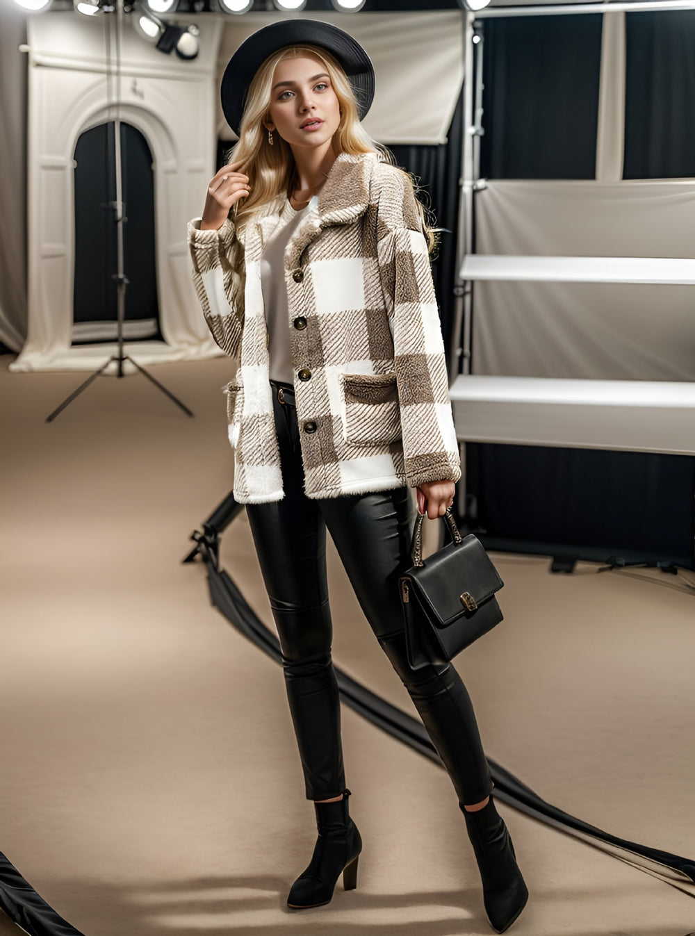 European and american plush women's clothing 2023 new amazon long-sleeved plaid button-down pocketed loose-fit mid-length coat