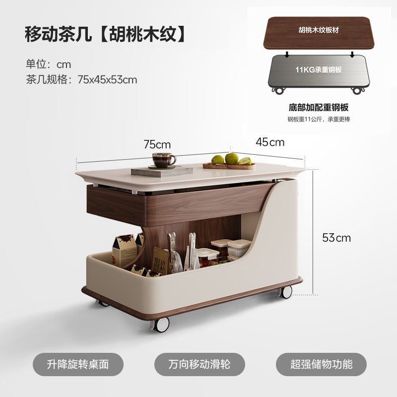 Movable sofa side table, vintage style rolling cart coffee table, height adjustable folding small apartment home living room furniture