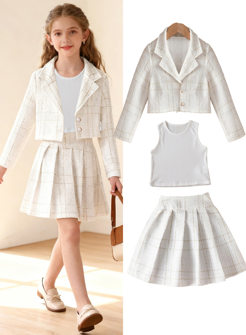 Exportgirl small fragrant white three-piece set grids pattern lapel short outwear vest tops skirt kidssuit