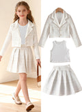Exportgirl small fragrant white three-piece set grids pattern lapel short outwear vest tops skirt kidssuit