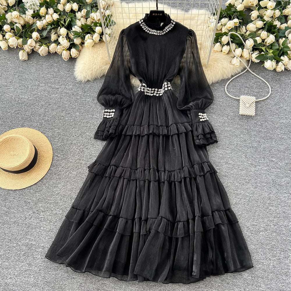 Elegant women's dress  new french style heavily embellished diamond-studded stand collar flared sleeve cinched waist ruffle hem maxi dress
