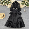 Elegant women's dress  new french style heavily embellished diamond-studded stand collar flared sleeve cinched waist ruffle hem maxi dress