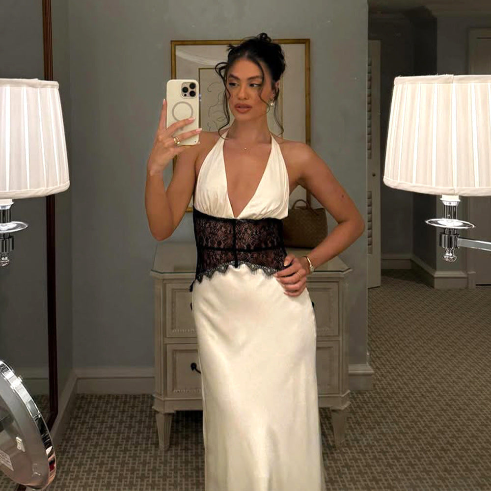summer new arrivals: women's deep v backless maxi dress - lace, sheer, sexy, and slim-fit for cross-border e-commerce