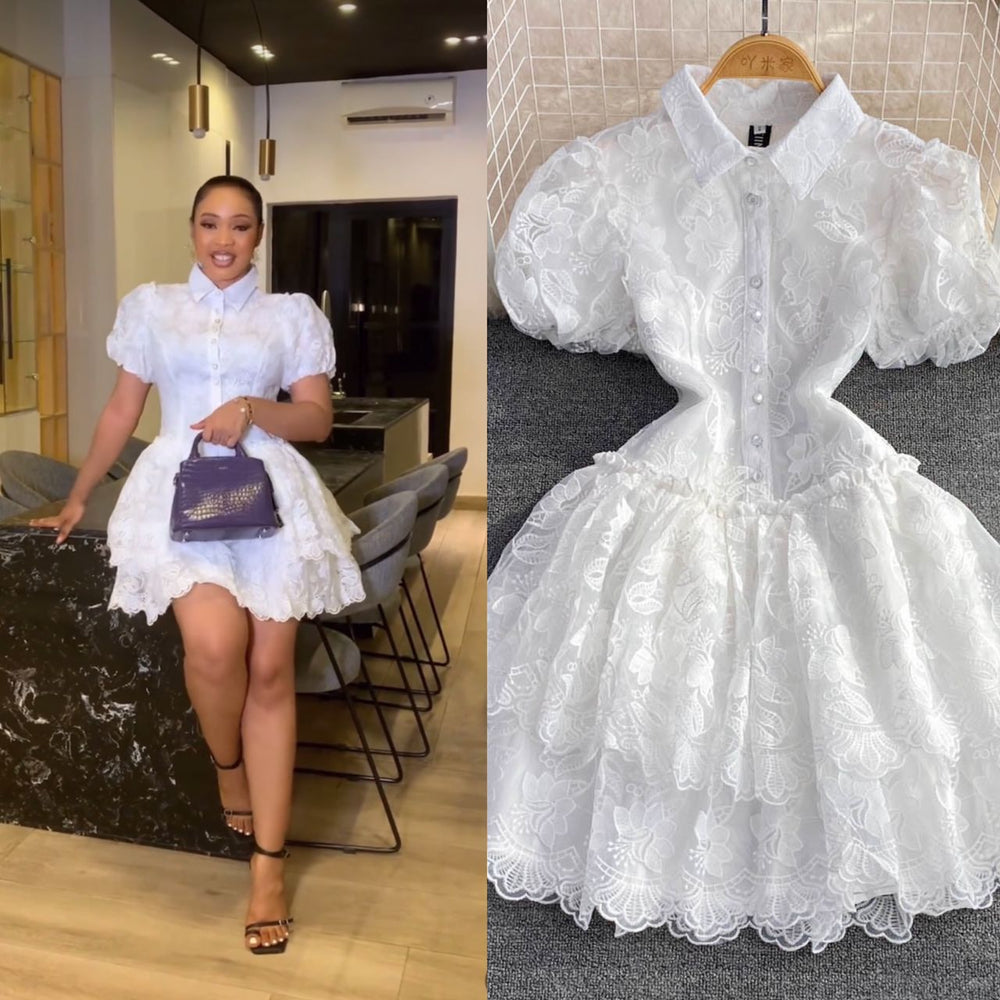 summer retro elegant notch lapel single-breasted white lace embroidered a-line tiered dress