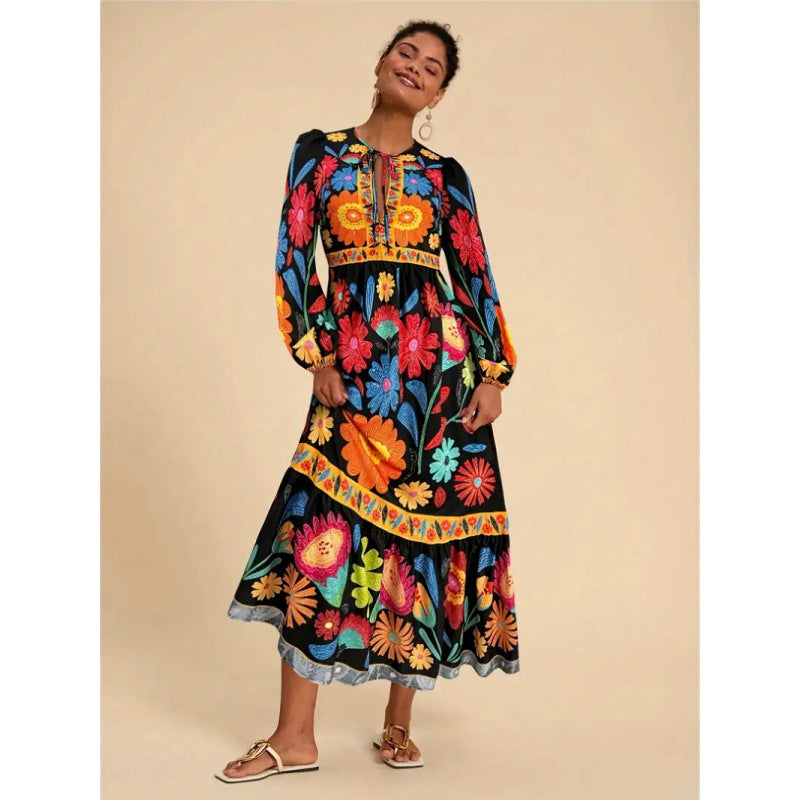 Shipped: cross-border e-commerce, , standalone store, printed maxi dress with long sleeves and tie-waist, casual style