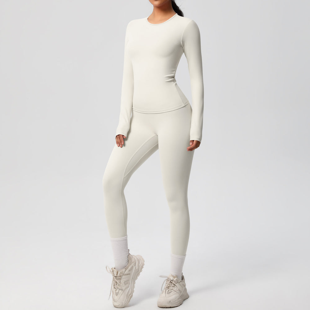 Ready-to-ship cross-border double-sided brushed solid color compression training long sleeve yoga set - activewear running fitness two-piece outfit