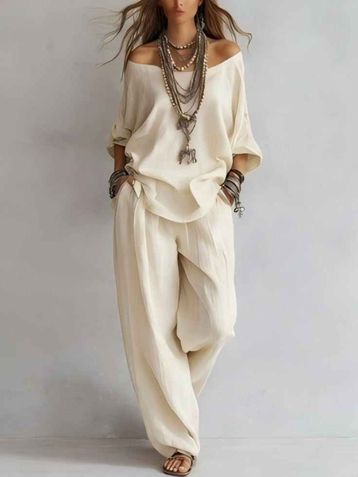 European and american cross-border  independent station summer new casual loose linen three-quarter sleeve top + wide-leg pants set