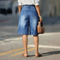 Fashionjeans women's high waist side button wide leg half length pants dark blue washed side button loosejeans