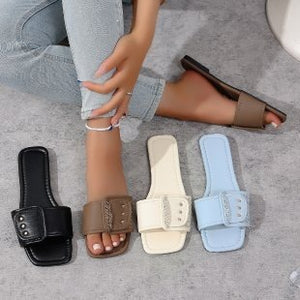 summer new european and american style plus size summer outdoor square toe slippers fashion belt buckle women's slippers wholesale
