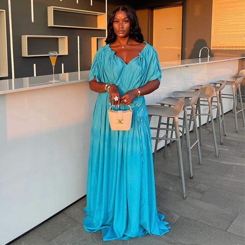 European and american women's clothing  autumn new collection: sweet and fresh v-neck batwing sleeve high-waisted slimming a-line maxi dress