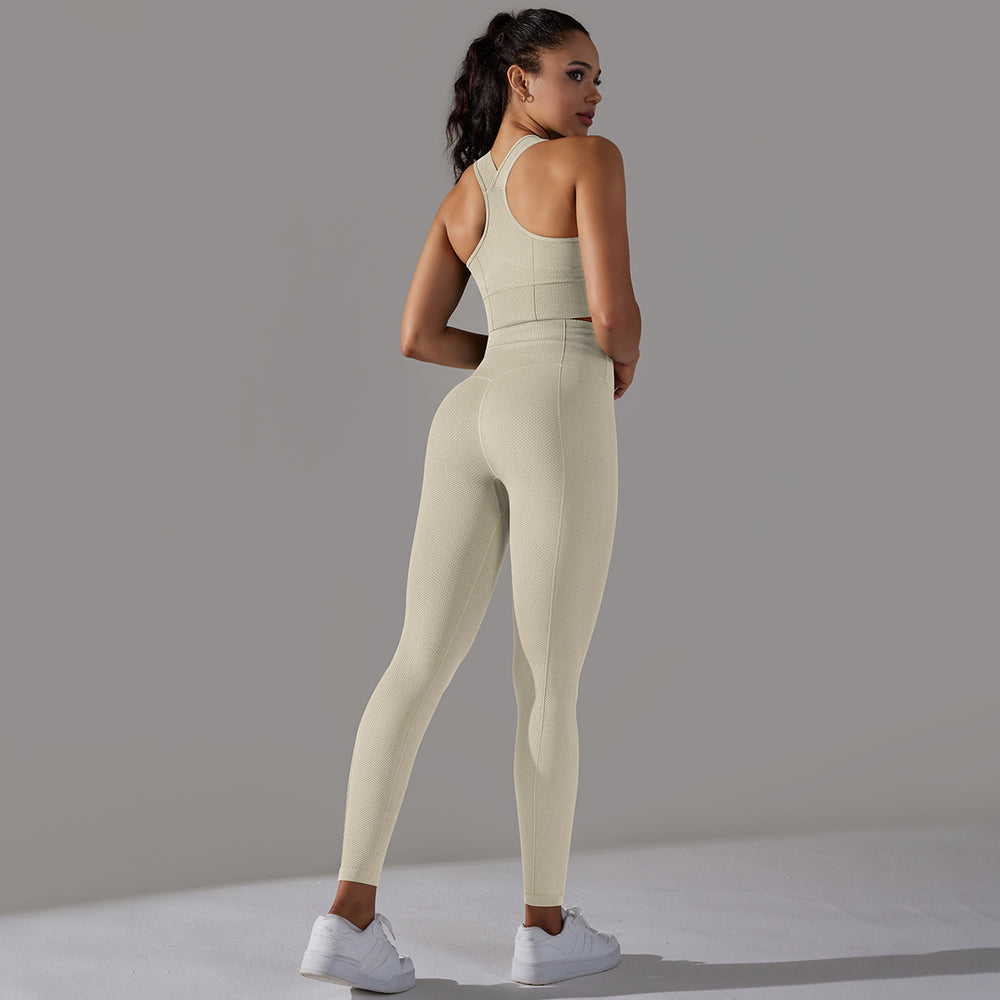 fashion seamless knittingpure color polka dot high elastic tight breathable yoga suit running fitness two-piece set