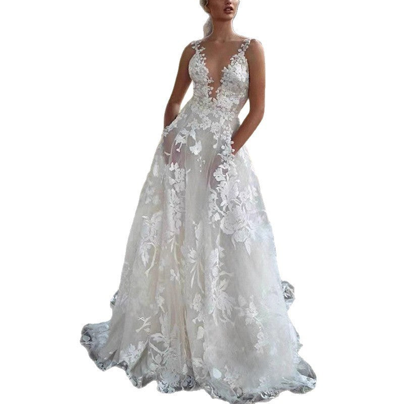 european and american style puffy skirt lace bridal wedding dress  sexy white spaghetti strap bridesmaid dress