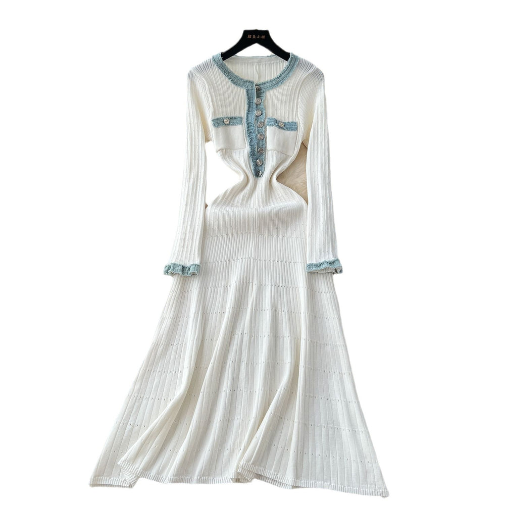 cross-border fashionfall and winternew arrivalfashion round neck denim patchworkknittinglong sleevesdress a-line skirt for women