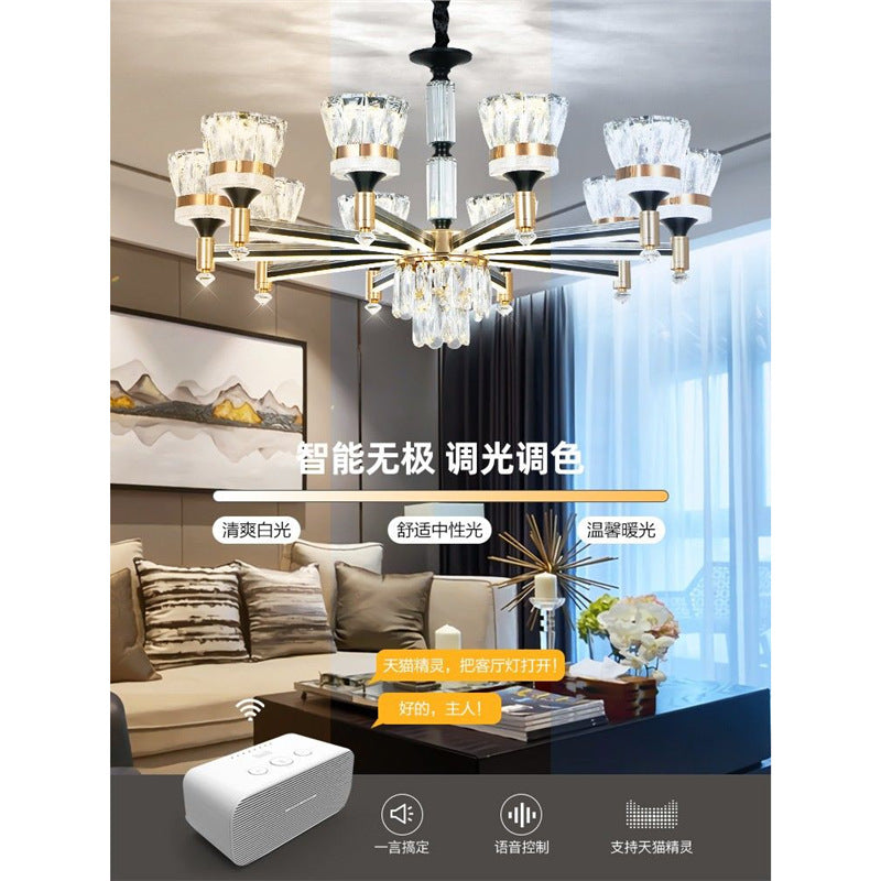 Smart light luxury crystal chandelier living room lamp  new nordic modern minimalist light arm illuminated dustproof lighting fixture