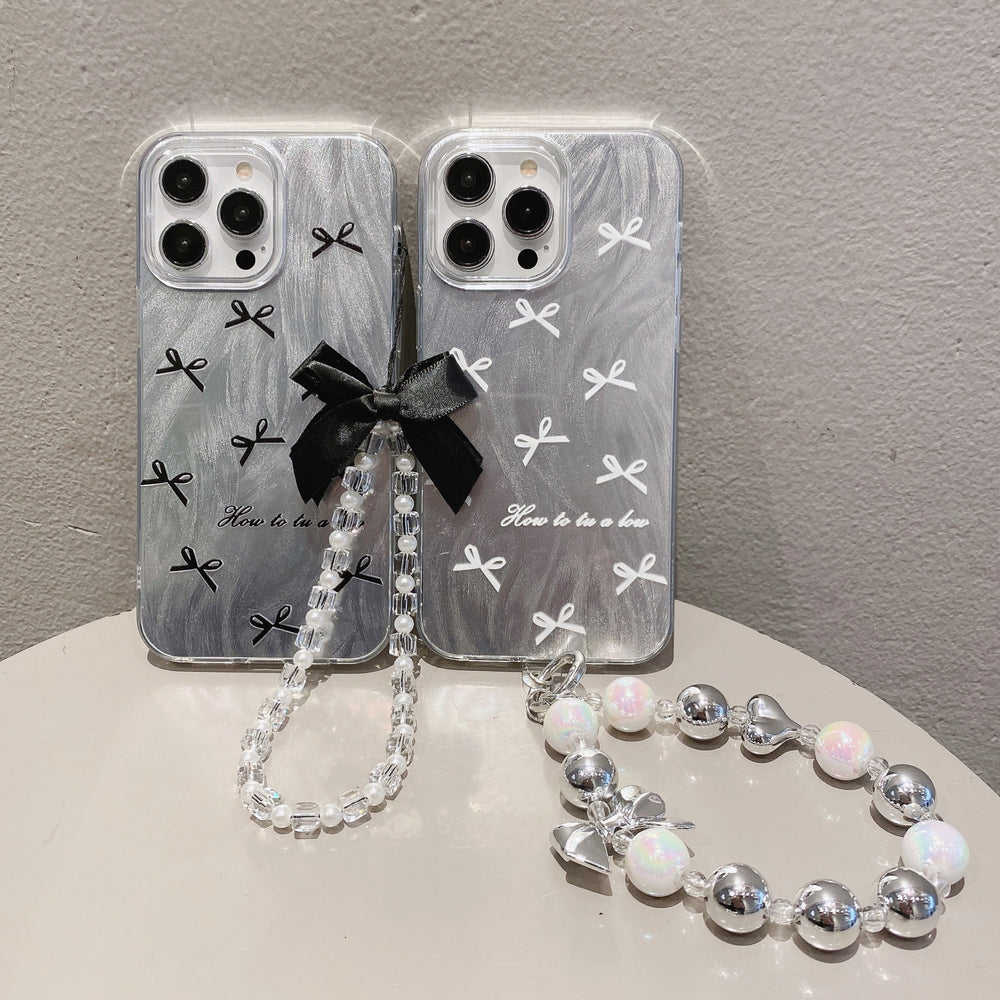 Feather yarn silver suitable for apple 16pro black bow mobile phone case iphone12/14 heart bracelet hard protective case