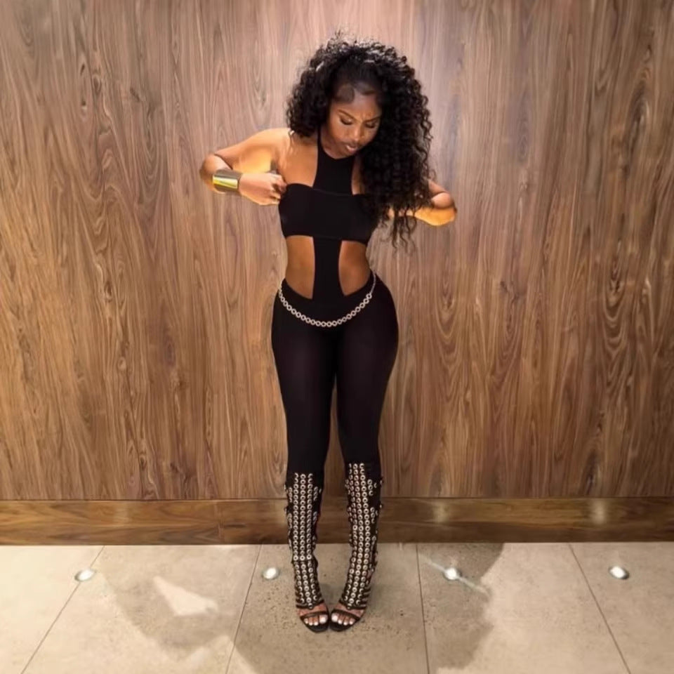 fashion cross-border sexy hot girl nightclub style tight silm tube top halterpantsfashionsuit women's clothing
