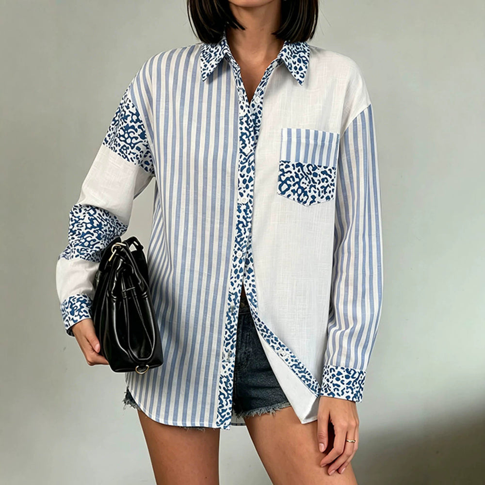 Exportfashionniche stylepatchworklong sleevesshirtstripesleopard printcontrast color lapel patch pocket lazy stylecasual small shirt