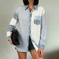 Exportfashionniche stylepatchworklong sleevesshirtstripesleopard printcontrast color lapel patch pocket lazy stylecasual small shirt