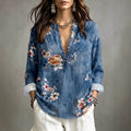 Women's bohemian style vacation shirt - blue floral print, flowy, loose fit, long sleeve pullover blouse - wholesale supply