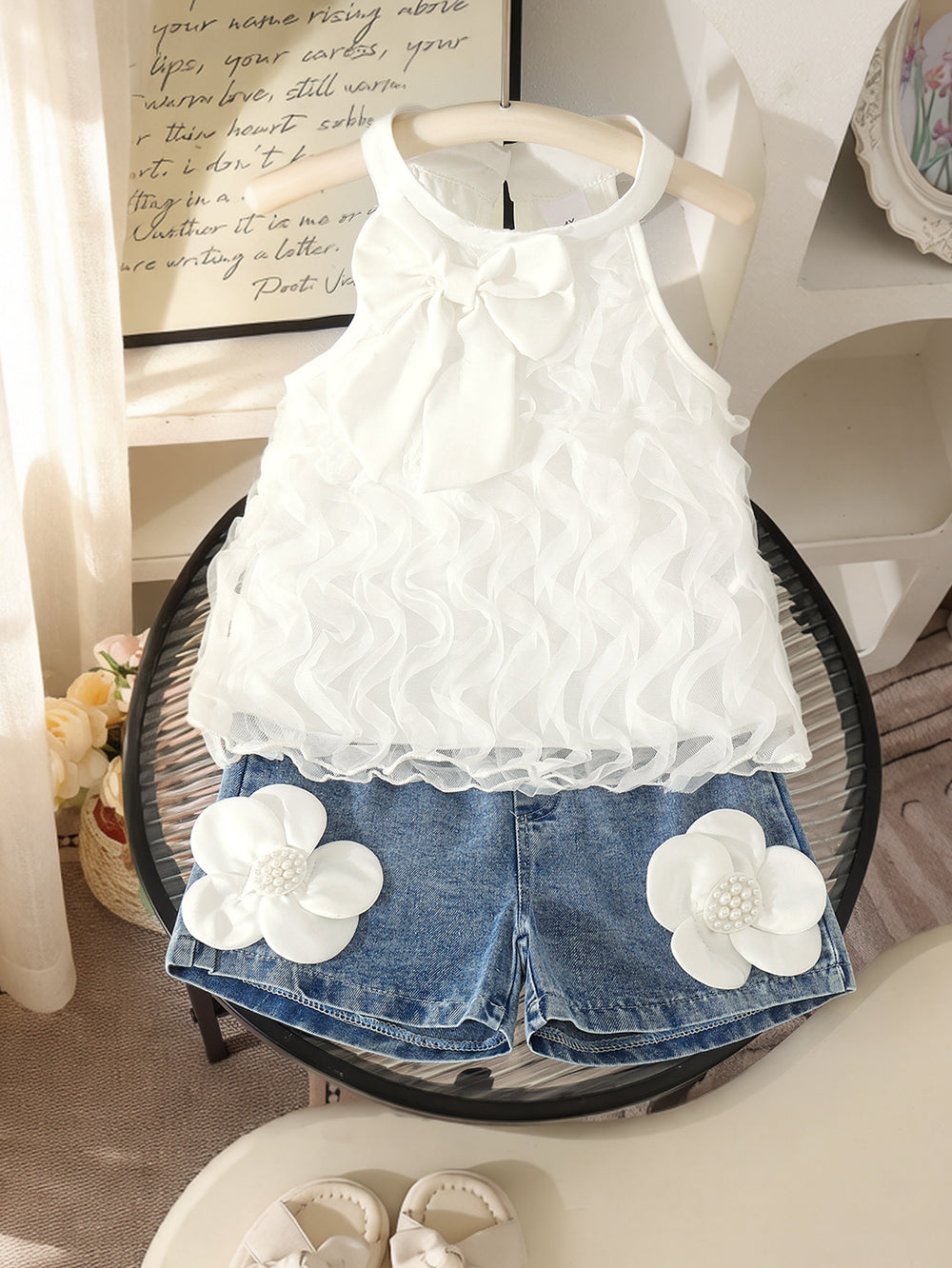 Children's clothing cross-border european and american girls white sleeveless vest + blue shorts two-piece set