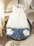 Children's clothing cross-border european and american girls white sleeveless vest + blue shorts two-piece set