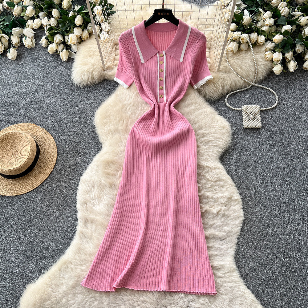 Korean style commute knit sweet & chic dress - women's short sleeve polo collar slim fit a-line dress - high-end design