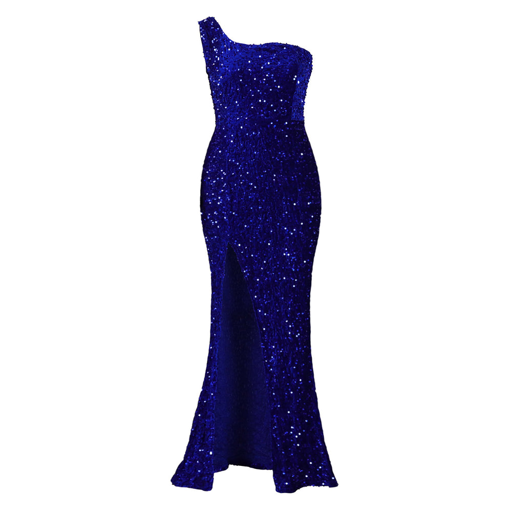 D3288  european and american women's clothing  new fashion one-shoulder sexy slit maxi dress sequin evening gown