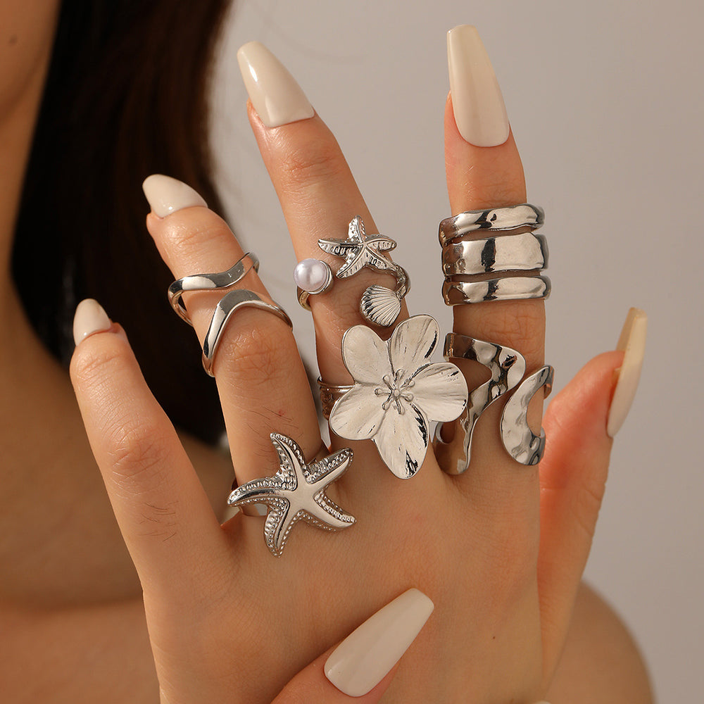 Wholesale starfish ring set - european and american cross-border fashion, trendy floral couple rings, unique high-end niche style rings for women