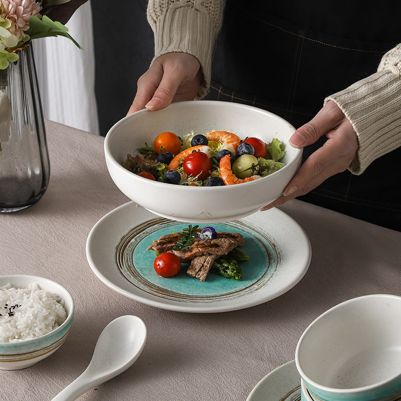 Personalized retro ink style ceramic tableware bowls, plates, dishes, restaurant for home threaded dessert plate, good-looking western dinner plate